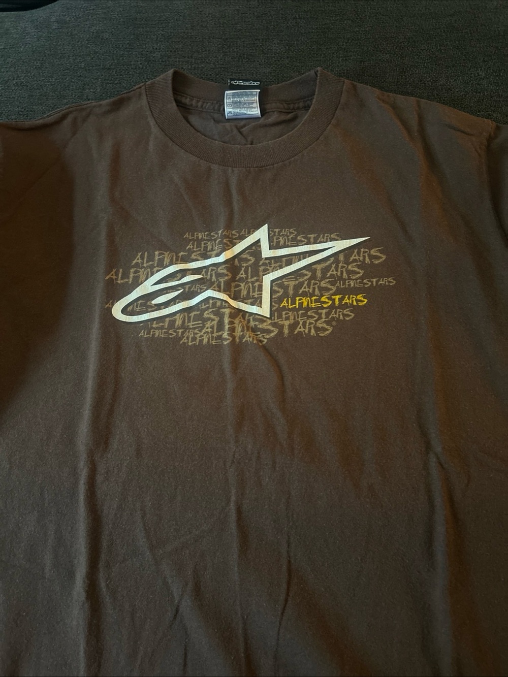 Y2K Men’s Alpinestars Motocross T-Shirt Size Medium Brown Yellow Double Sided